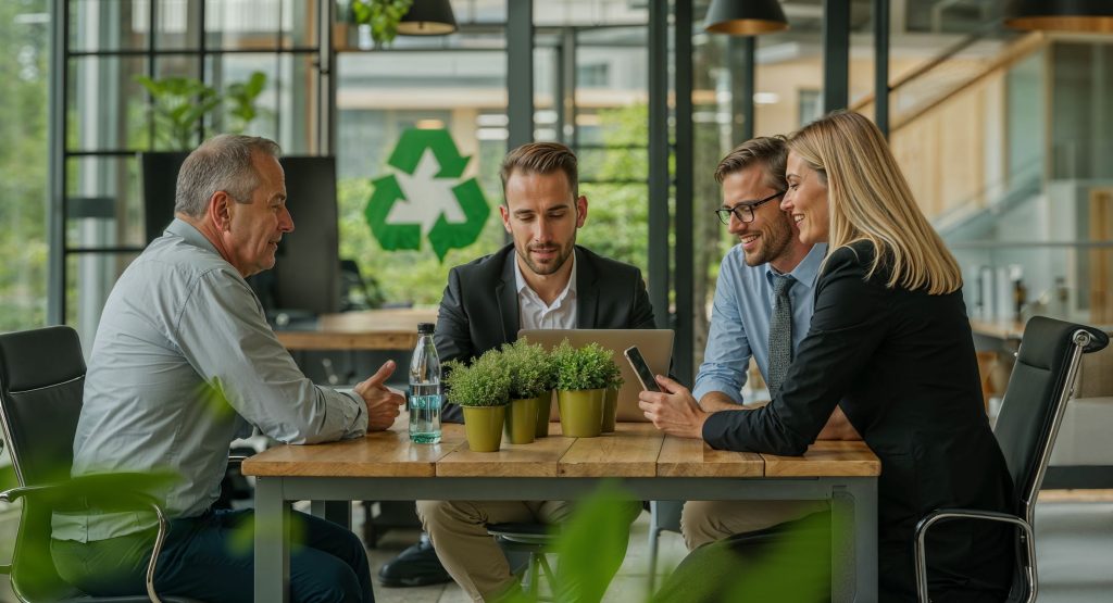 Czworo profesjonalistów w biurze siedzi przy stole, rozmawiając i wspólnie przeglądając dokumenty lub urządzenia mobilne. W tle rośliny oraz symbol recyklingu na szkle.