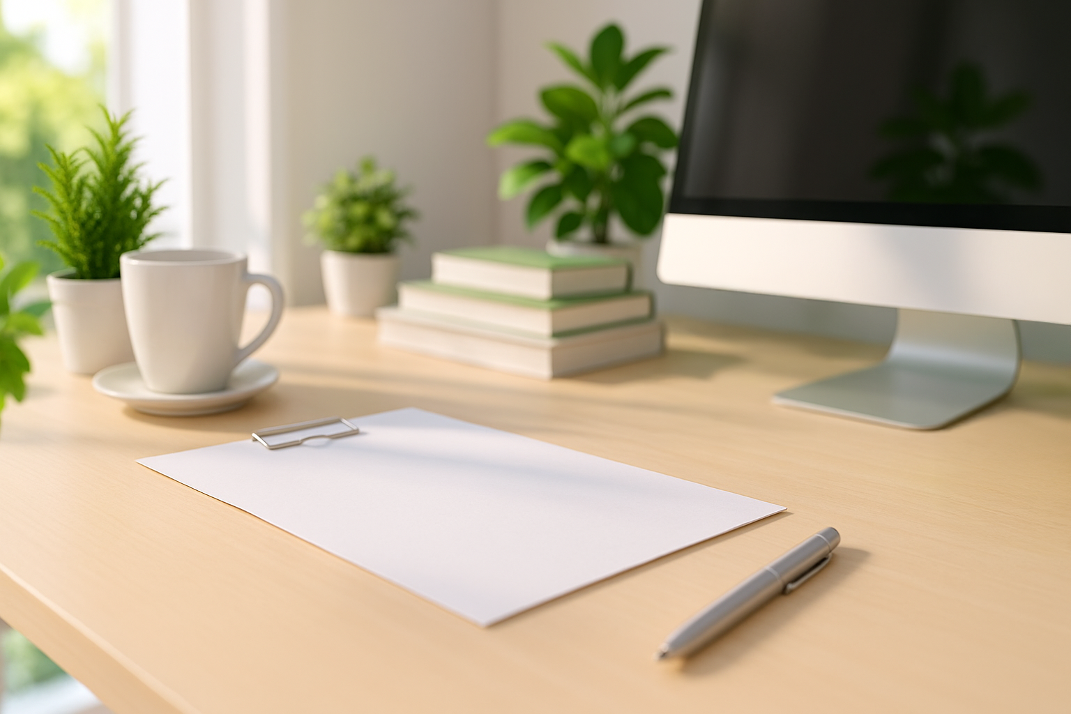 Biurko z białą kartą papieru przytrzymaną spinaczem, długopisem oraz filiżanką kawy na talerzyku. W tle znajdują się rośliny doniczkowe i stos książek obok monitora komputerowego.